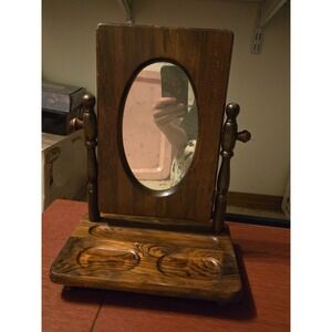 Vintage Wooden Swivel Vanity Mirror with Valet Tray Base Rustic Dressing Table